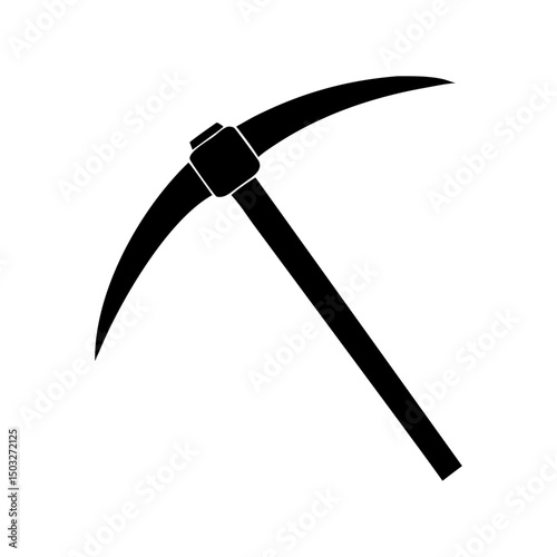 A black and white depiction of a pickaxe on a stark background