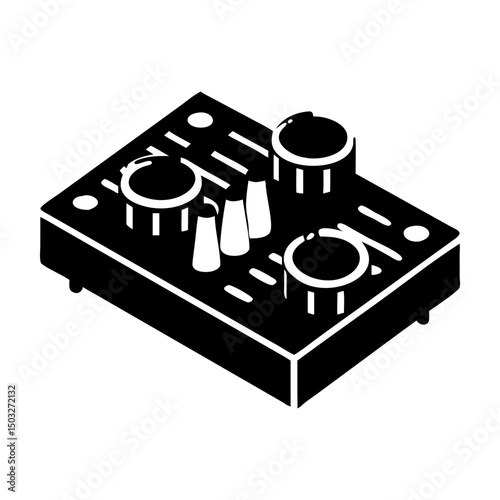 Isometric illustration of an audio mixing console with knobs and sliders