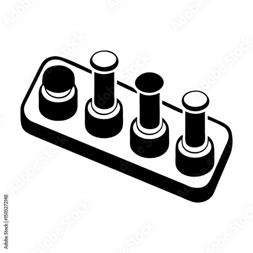 Isometric view of four cylindrical objects on a platform in monochrome