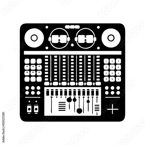 Black and white silhouette of a modern DJ mixing console illustration