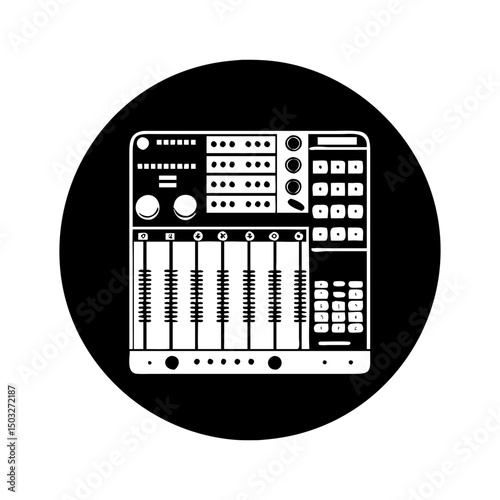 Monochrome Illustration of an Audio Mixing Console within a Black Circle