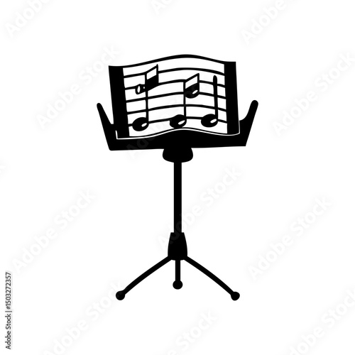 Black and white music stand with music notes on display surface