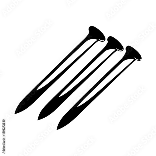 Three black silhouette nails with a perspective view isolated on white background