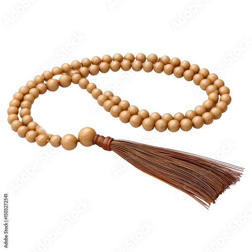 A string of wooden beads with a tassel, perfect for meditation and spiritual practices. The beads are arranged in a circular pattern, representing the cycle of life and the pursuit of inner peace