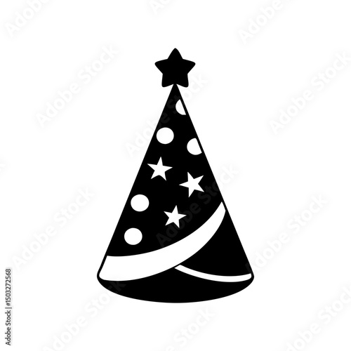 Festive Black Party Hat with Star Topper and Cheerful Decorations