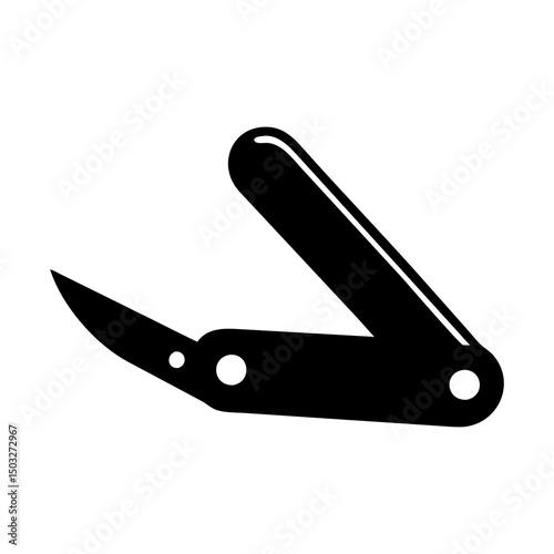 Black and white minimalist illustration of an open folding pocket knife icon