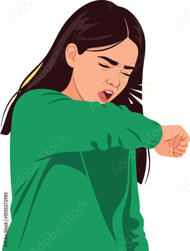 Young woman coughing into elbow wearing green sweater vector illustration health concept 