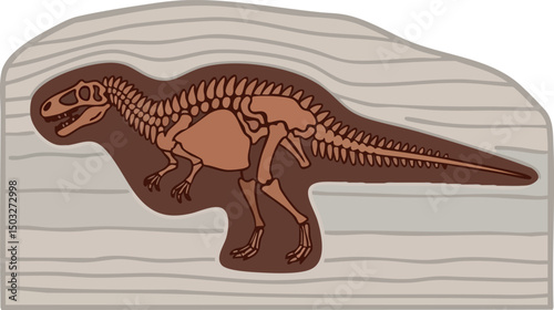 Dinosaur skeleton fossil engraved wood plaque natural texture vector illustration 
