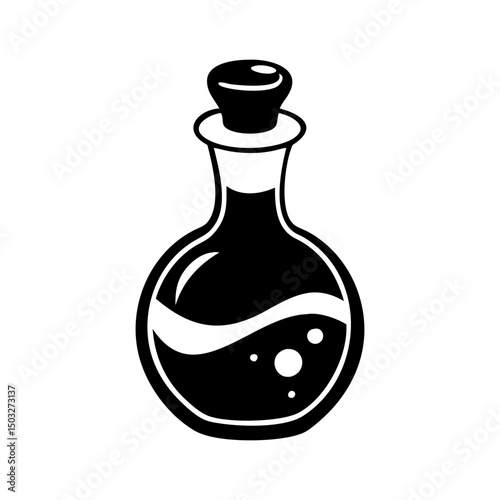 Simple Black and White Potion Bottle Illustration with Dark Mysterious Liquid