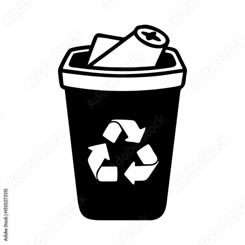 Black and white illustration of a recycling bin filled with paper scraps