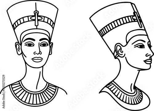 Ancient Egyptian Queen Nefertiti Line Art Vector Set – Front and Side Portrait Outline Illustrations for Coloring Pages, History Projects, and Educational Designs