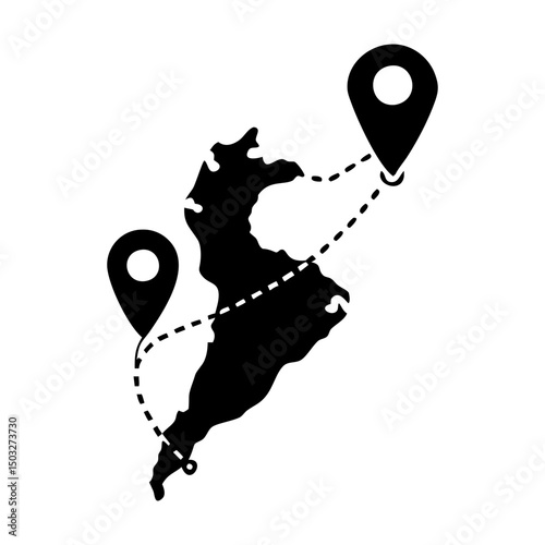 Route tracking on a geographical map with location pin markers in vector format