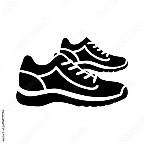Pair of black and white athletic running shoes in a simple illustration