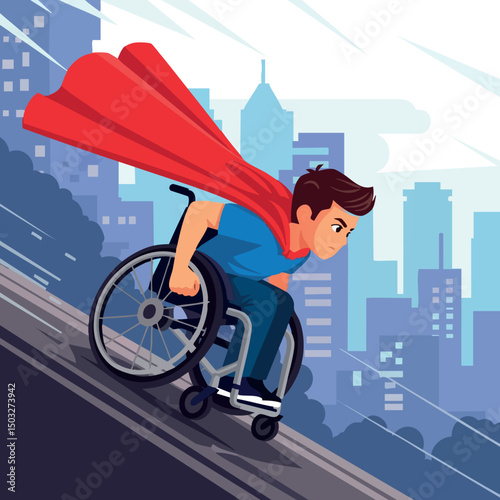 Man in wheelchair wearing red cape rolling fast down urban street slope vector illustration 