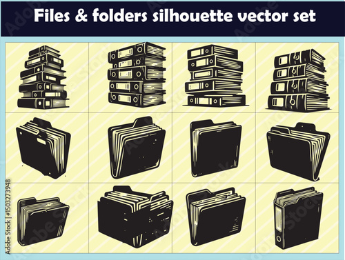 Black Silhouette Vector of Stacked Office Ring Binders in Clean Bold Handmade Style