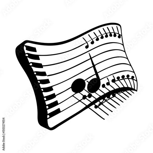 Dynamic musical sheet with piano keys and notes in black and white
