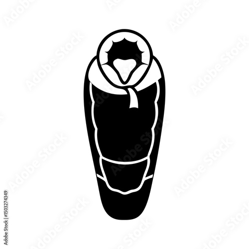 Black and white icon of a modern sleeping bag for camping