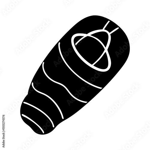 Black and white illustration of a sleeping bag designed for camping trips