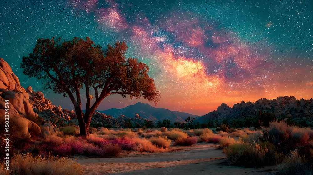 Obraz premium A Majestic Joshua Tree Framed by the Summer Milky Way Over an Arid Desert Landscape with Long Exposure Ambient Lighting and Celestial Detail
