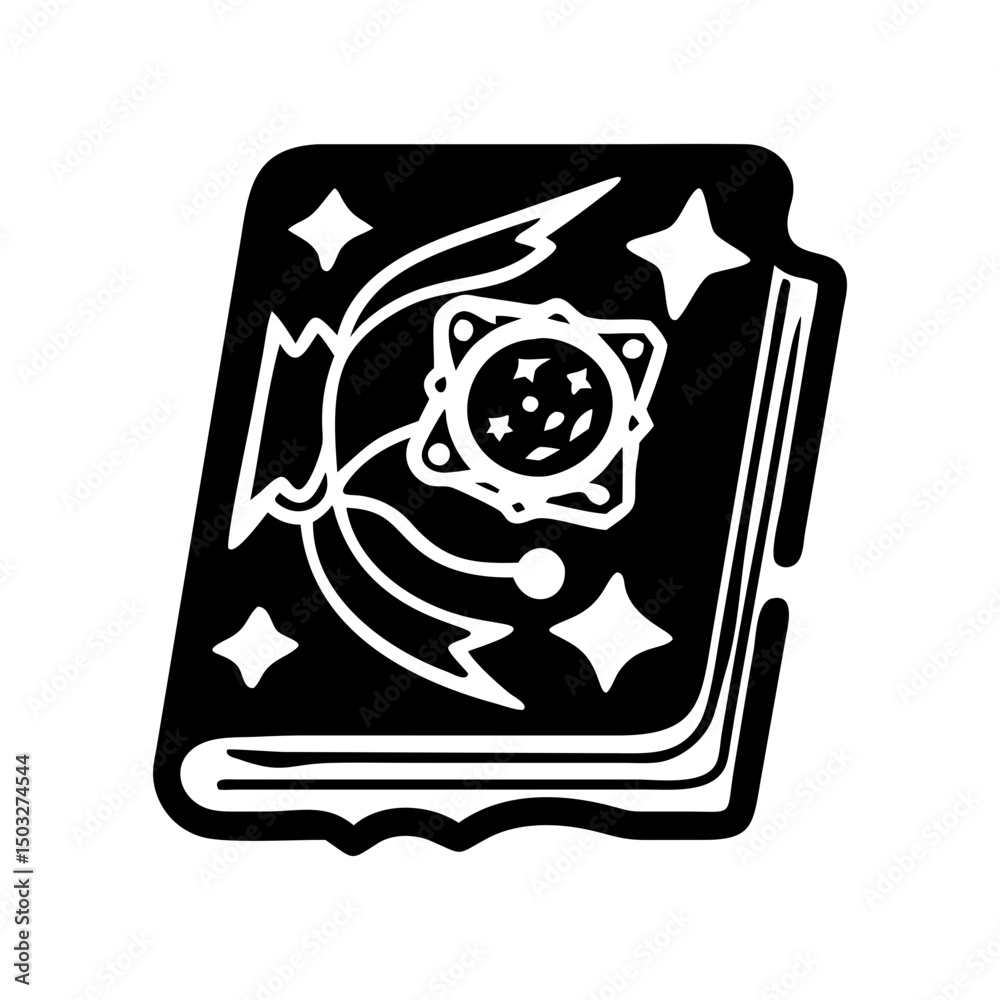 Spellbook illustration in black and white, with magic symbols and stars Spellbook illustration in black and white, with magic symbols and stars