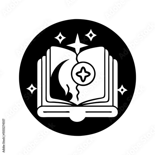 Mystical book of spells with moon symbol, magic circle, and shining stars