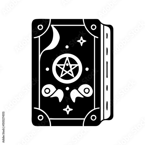 Monochrome depiction of an ancient spellbook with astral and mystical symbolism