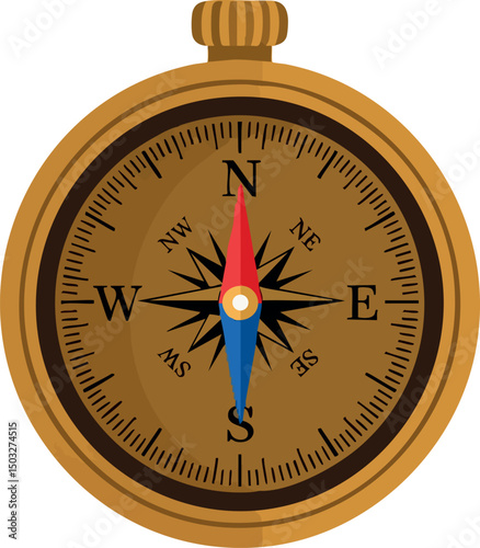 Vintage brass compass navigation tool with directional needle vector illustration 