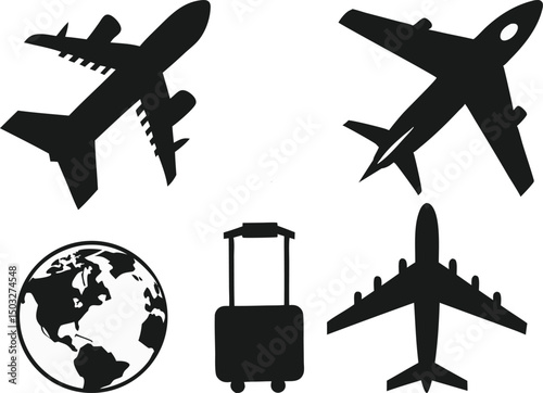 Airplane and Passport Icons Illustration Silhouettes. Silhouettes of Airplane and Passport Icons Illustration. Airplane Passport Icons Illustration in Silhouette Style