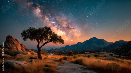 Artistic Nocturnal Capture of a Uniquely Contoured Joshua Tree Under Cascading Starlight and a Luminous Milky Way with a Pristine Desert Backdrop