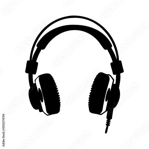 Black silhouette of over ear headphones with connecting audio jack cable