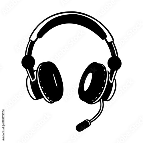 Stylized black and white illustration of headphones with a microphone attachment