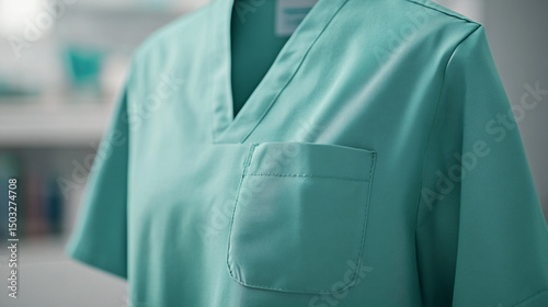 Zoom in a medical uniform doctor nurse technical speacialist clothes in hospital for logo mock up green color