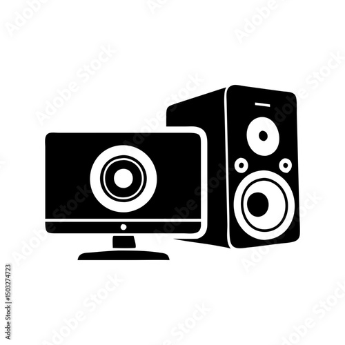 Stylized Computer Monitor with Builtin Webcam and Large Speaker Icon