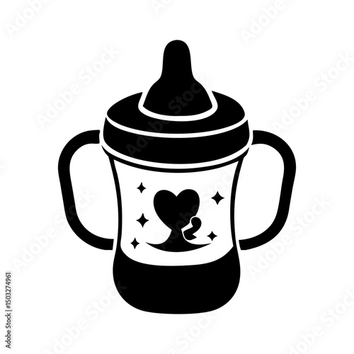 Baby bottle icon with handles and cute heart shaped logo design