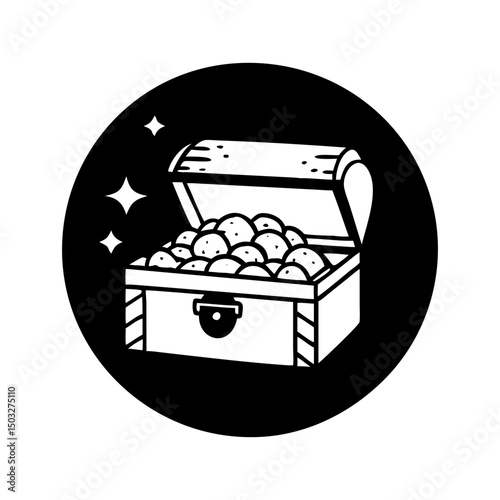 Black and white image of a treasure chest in a circle