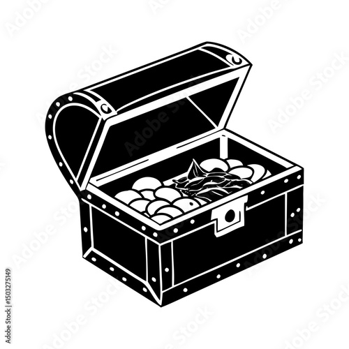 Illustration of an open black treasure chest brimming with gold coins
