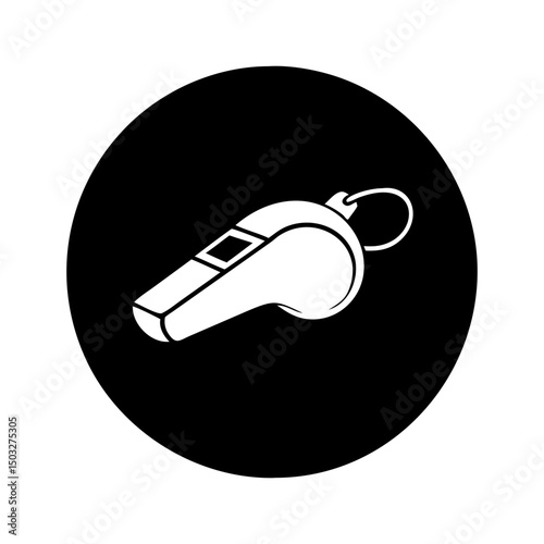 Monochromatic image of a referee whistle set against a dark circular background