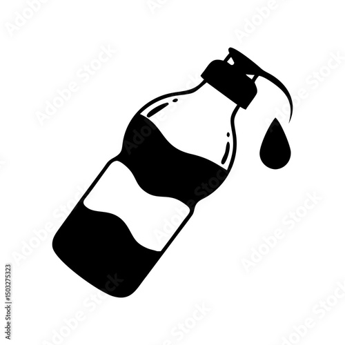 Black and white graphic illustration of liquid dispenser with a falling drop