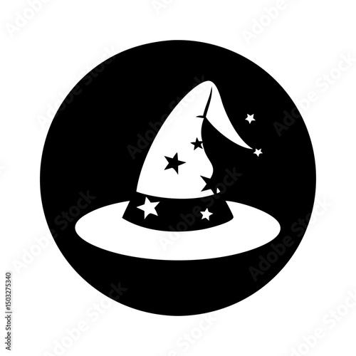Black circle containing a white wizard hat adorned with stars and magic