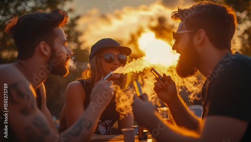 During a vibrant sunset, a group of diverse friends smoke e-cigarettes together, warm golden light illuminating the cozy outdoor setting.