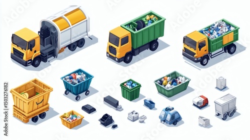 Isometric illustration of garbage trucks, bins, and waste collection equipment.