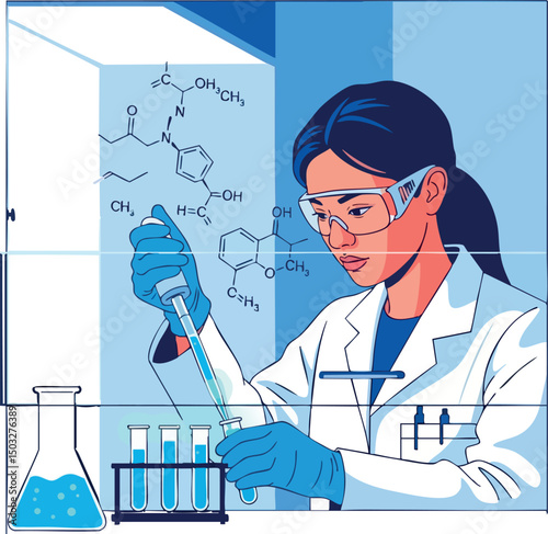 Female Scientist Conducting Chemical Experiment in Laboratory with Molecular Formulas Vector Illustration 