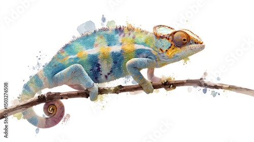 Vibrant chameleon on a branch, artistic watercolor style
