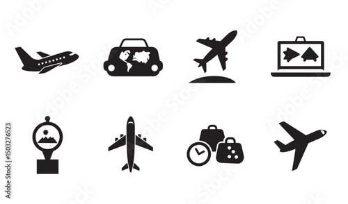 Collection of black and white airline and travel icons representing transportation and global adventures