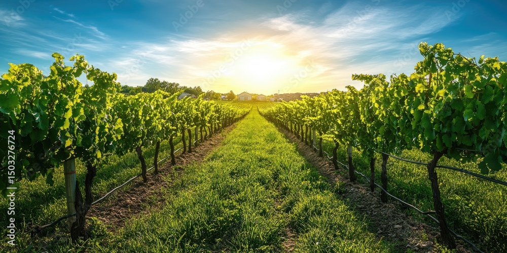 Naklejka premium Lush vineyard stretches towards a golden sunset