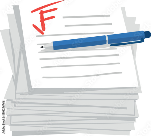 Stack of papers with red F grade and blue pen on top school test illustration 