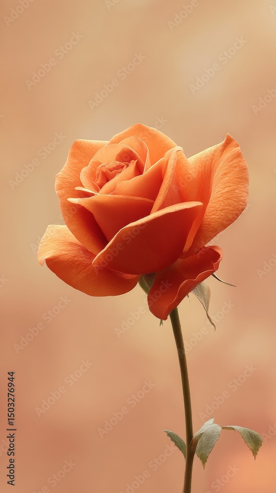 Fototapeta premium Vibrant orange rose bloom on soft blurred background with delicate stem and leaves