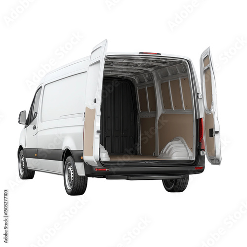 A cargo van with open doors, ready for loading and delivery. This image depicts a commercial van with its doors open.