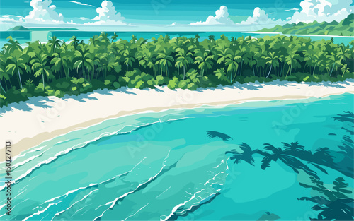 Aerial top view of A beautiful beach scene with palm trees and a blue ocean. The image has a calming and relaxing mood, as it depicts a peaceful and serene environment