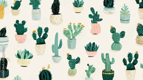 Cute succulent and cactus plants in various pots